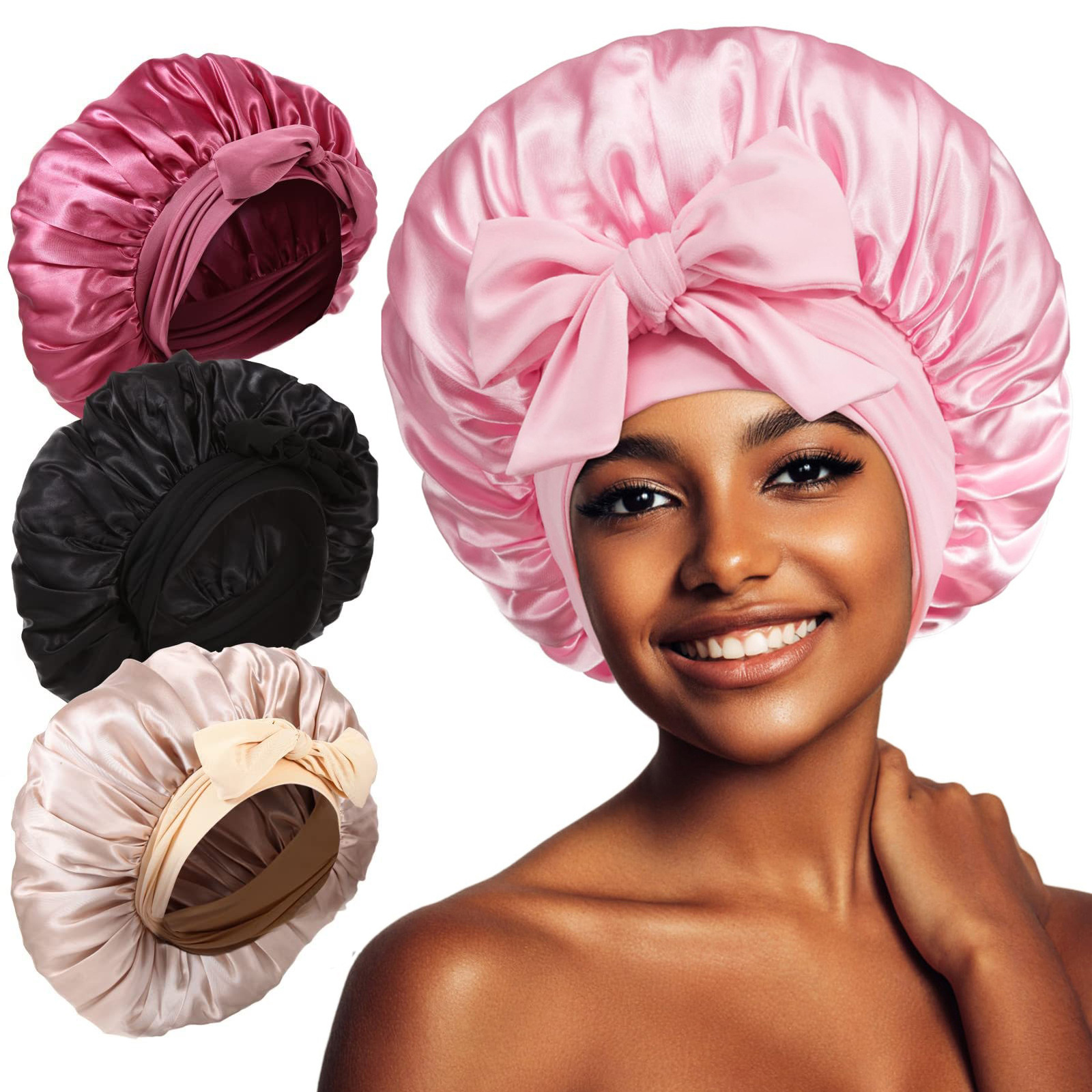 Femmes Satin cravate Bonnet Spandex large bande extensible longue queue Satin Cheveux Nuit soie dormir nuit Bonnet Bonnets pour les femmes