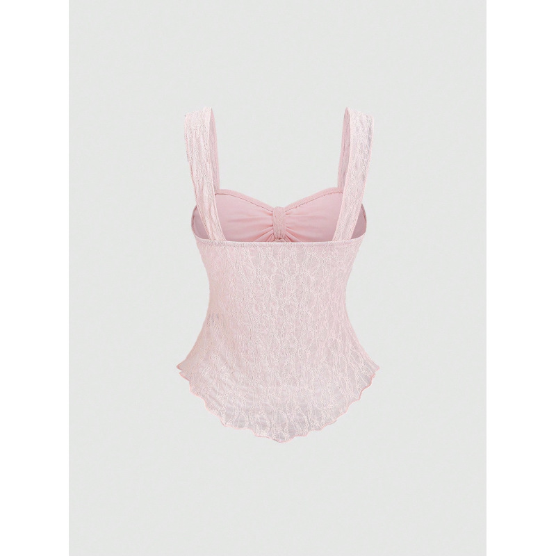 Camisole courte française pour femme, douce et pure, en tissu jacquard uni avec ornements en dentelle et nœud, taille cintrée, polyvalente et sans manches.