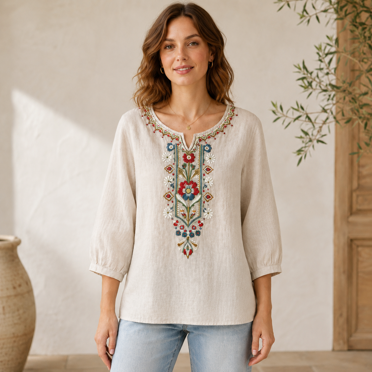 Chemisier Bohème Brodé pour Femme, Manches 3/4, Col en V Fendu, Tunique Florale Décontractée Ample, Chemise d'Été