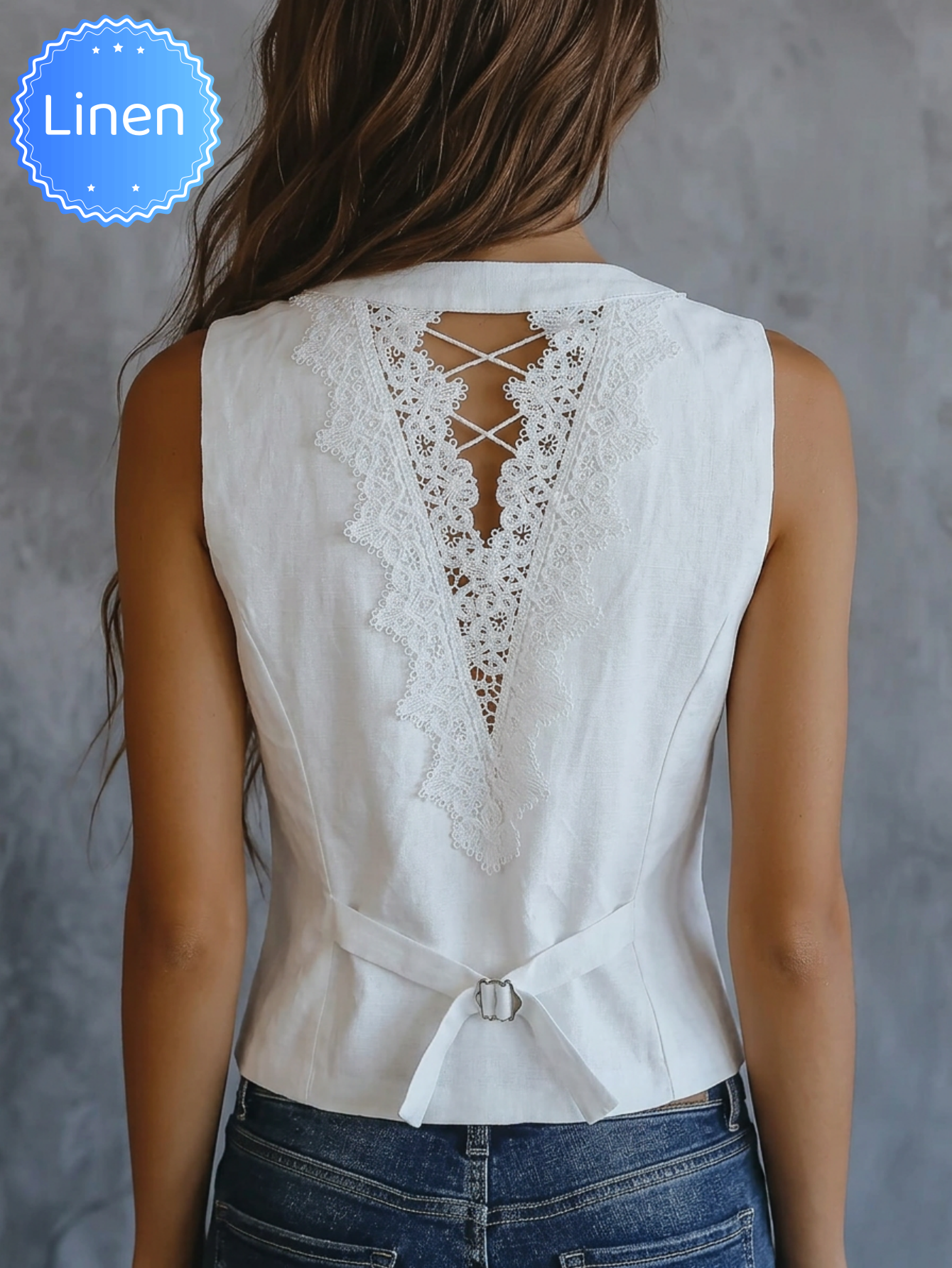 Gilet élégant en lin pour femme, nouvelle collection printemps-été-automne, simple et stylé avec dos en dentelle, sans manches, polyvalent