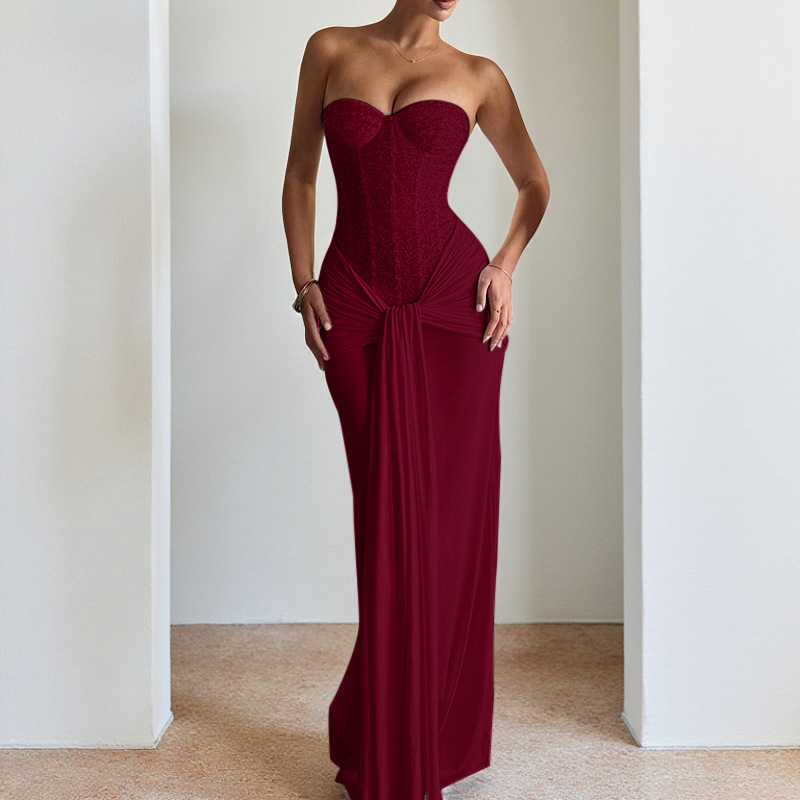 Robe de soirée avec jupe longue pour femmes, nouveau Style, taille cintrée, amincissante, Sexy, cravate à ruban, col licou, robe élégante pour femmes