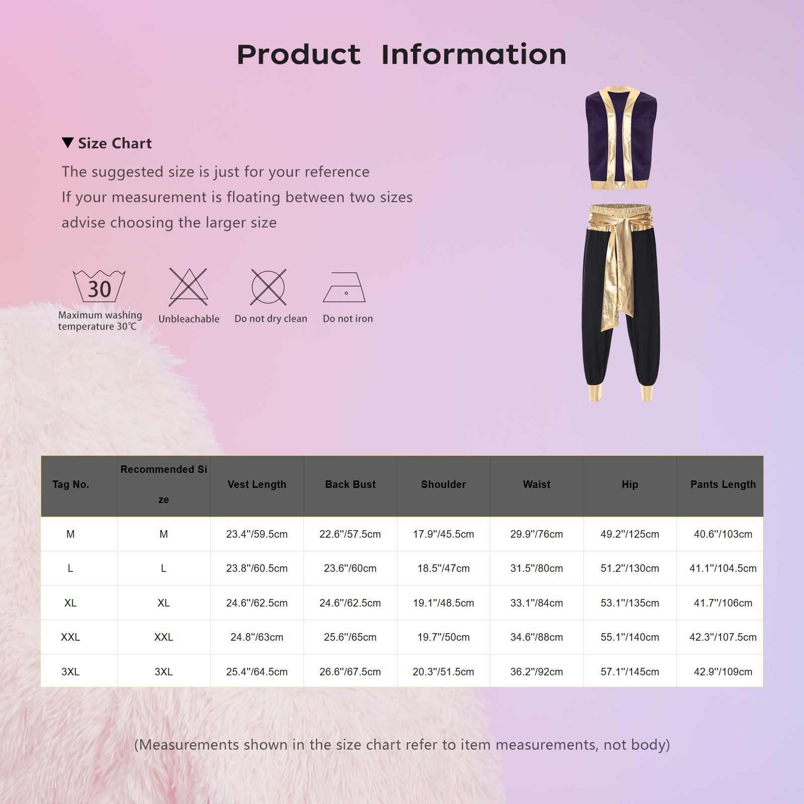 Costume de cosplay de prince arabe pour homme, tenue d'Halloween, veste ouverte sur le devant avec garniture métallique brillante et pantalon long à ceinture