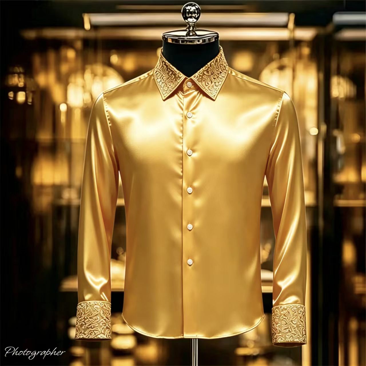 Chemise en satin de luxe pour homme avec col et poignets imprimés en 3D, chemise habillée à manches longues coupe ajustée, chemise en soie formelle pour mariage et soirée