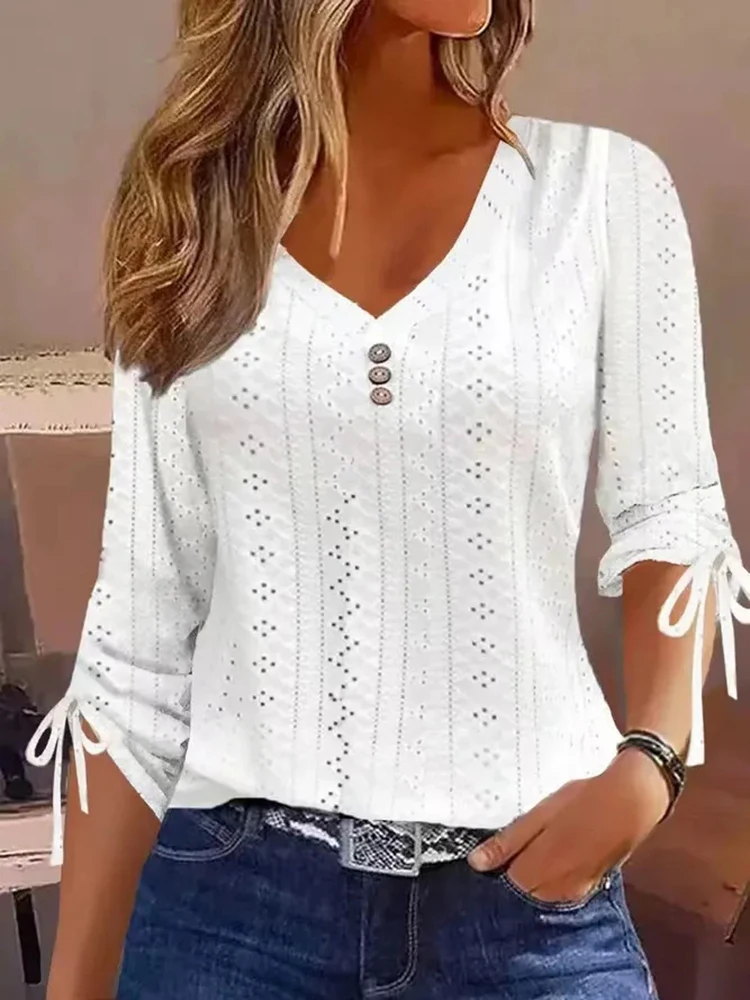 Chemisier à manches longues pour femmes, tendances de la mode, chemises et chemisiers décontractés à boutons et col en v, élégants, hauts à nœud ajouré, 2024