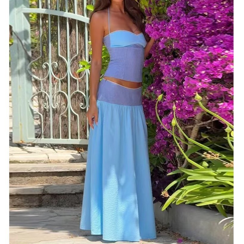 Ensemble jupe femme été rayé colorblock sexy dos nu hauts à lacets taille mi-haute jupe trapèze fermeture éclair latérale mode décontracté 2 pièces