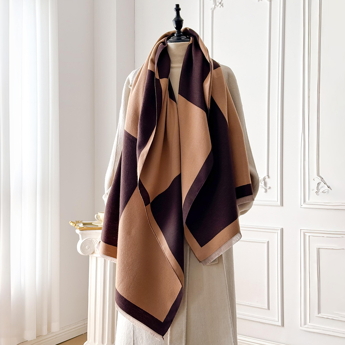Châle Pashmina en Faux Pashmina imprimé géométrique élégant de marque 2025, à franges douces et chaudes, idéal pour l'automne et l'hiver en plein air