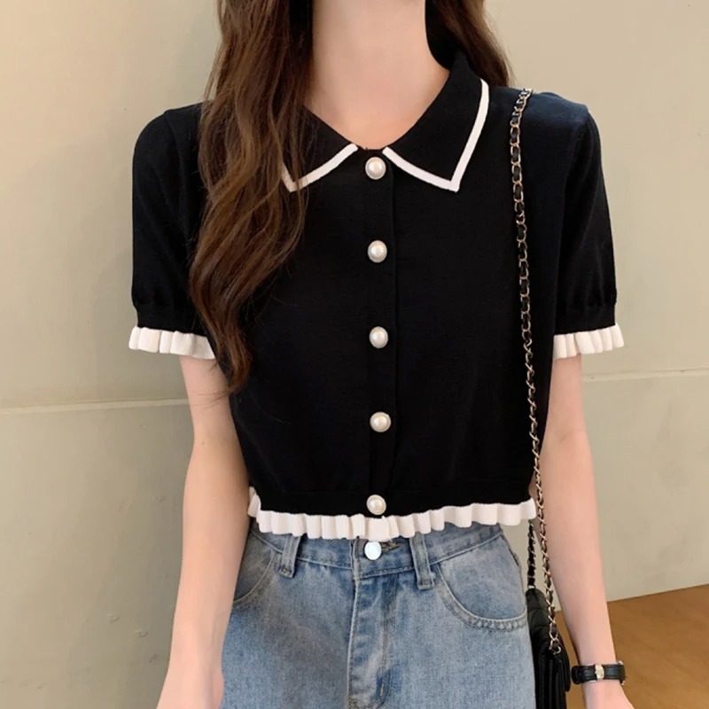 Chemisier Femme Tricoté à Manches Courtes avec Col Boutonné et Volants, Boutons Perle, Style Chic Français, Haut Court d'Été