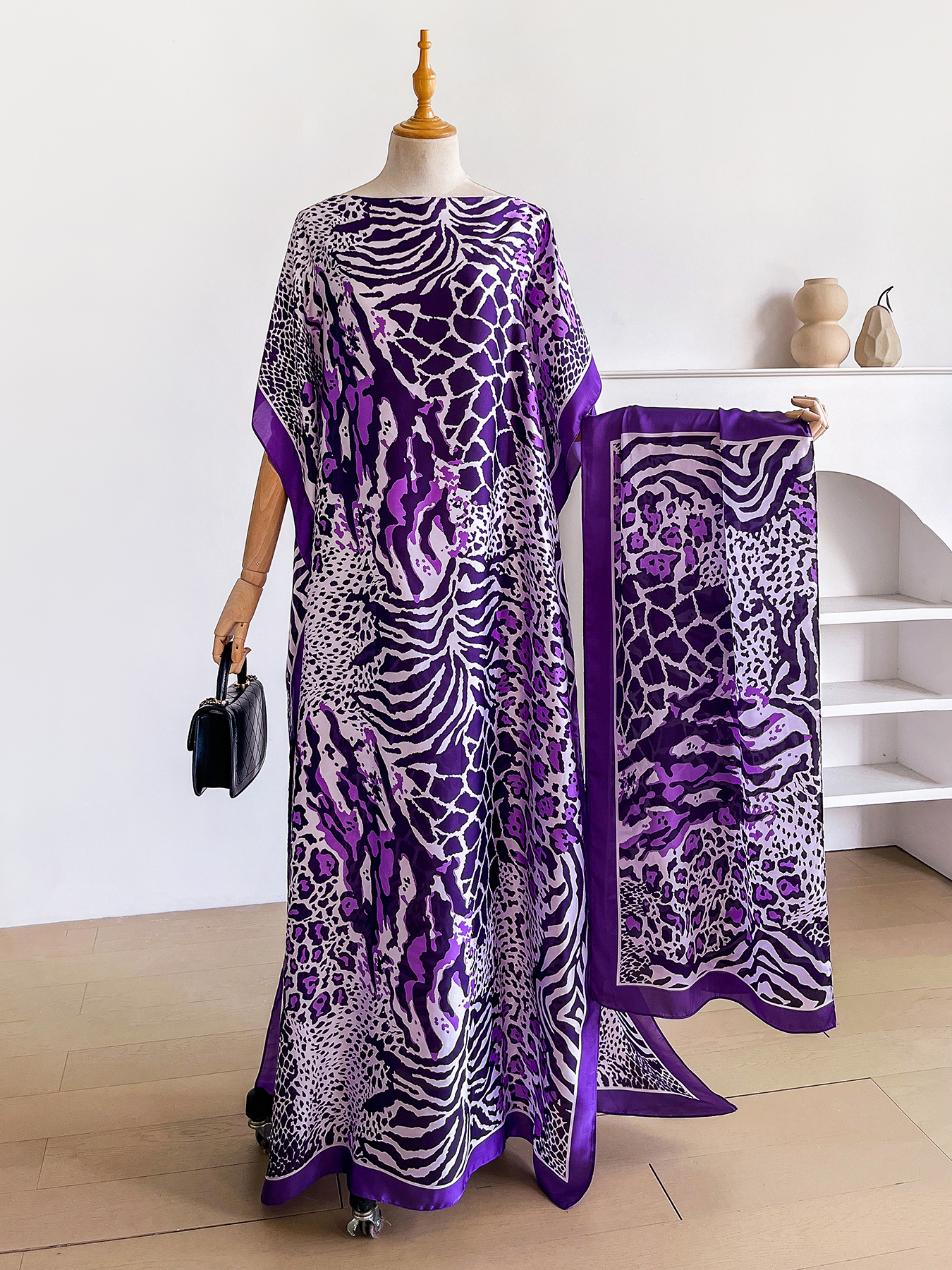 Abaya Dubai à imprimé animalier mixte avec foulard assorti, robe maxi ample à col bateau et manches chauve-souris pour femmes musulmanes africaines