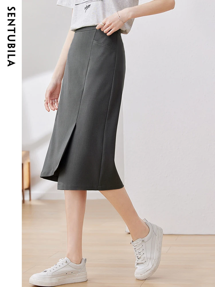 Jupe crayon midi fendue irrégulière SENTUBILA pour femme, taille haute, gris uni, avec poches, collection été 2026 - 132Q48722