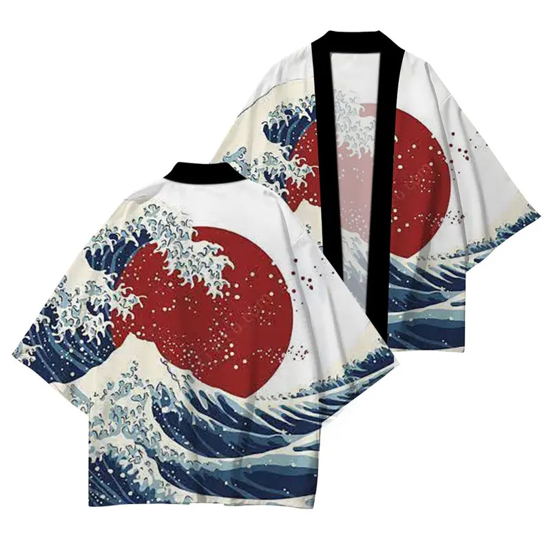 Vêtements traditionnels japonais de haute qualité, kimono décontracté ample, motif vague soleil rouge imprimé, protection UV estivale, kimono S-5XL
