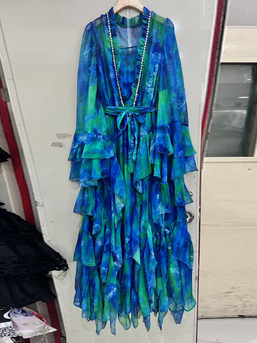 VGH – robe de soirée amincissante pour femmes, imprimé coloré, col en V, manches à volants, taille haute, Patchwork, robes à lacets, vêtements féminins