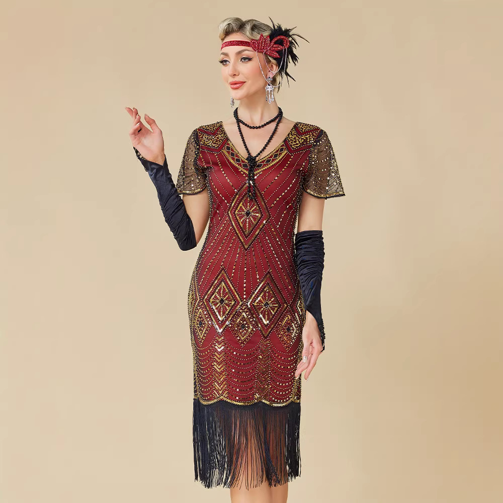 Robe de soirée Charleston des années 20 pour femme, bordeaux, col en V, sequins et franges, costume style Great Gatsby, robe de bal Art Déco des années 1920