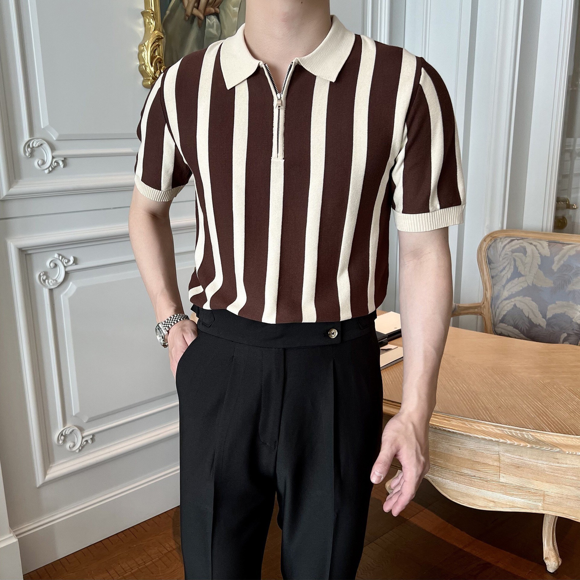 Polo rayé à manches courtes pour hommes, vêtements de loisirs, t-shirts rétro, tricots respirants, mode coréenne, luxe abordable, fermeture éclair