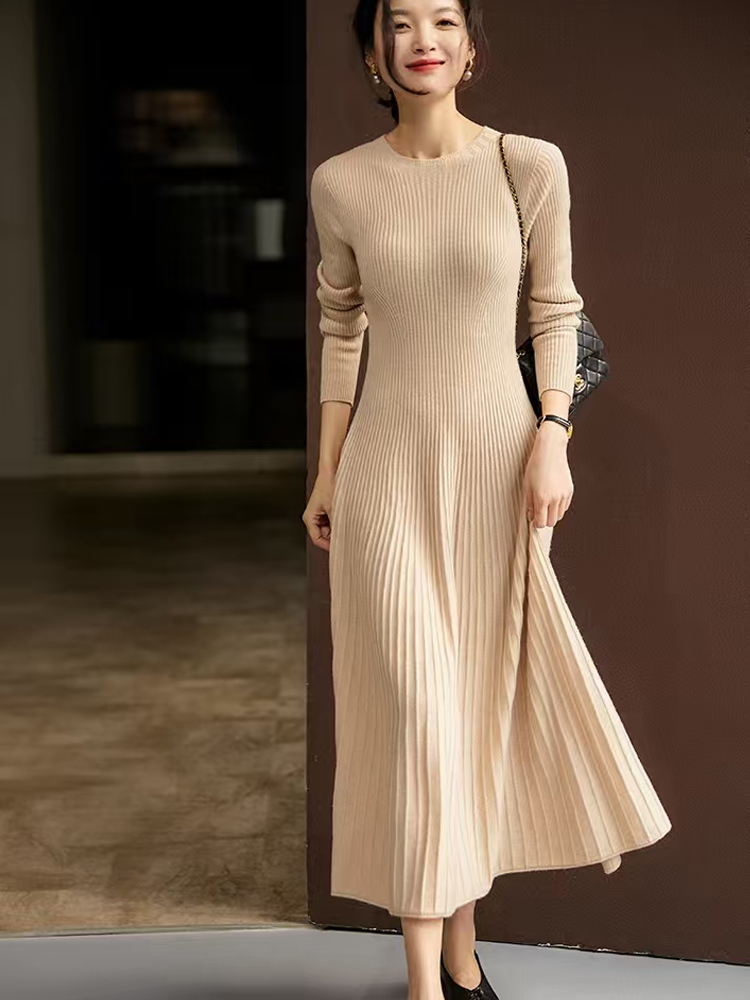 Femmes pull 100% laine mérinos robe a-ligne jupes plissées printemps automne pull cachemire mince robe évasée col rond tricots
