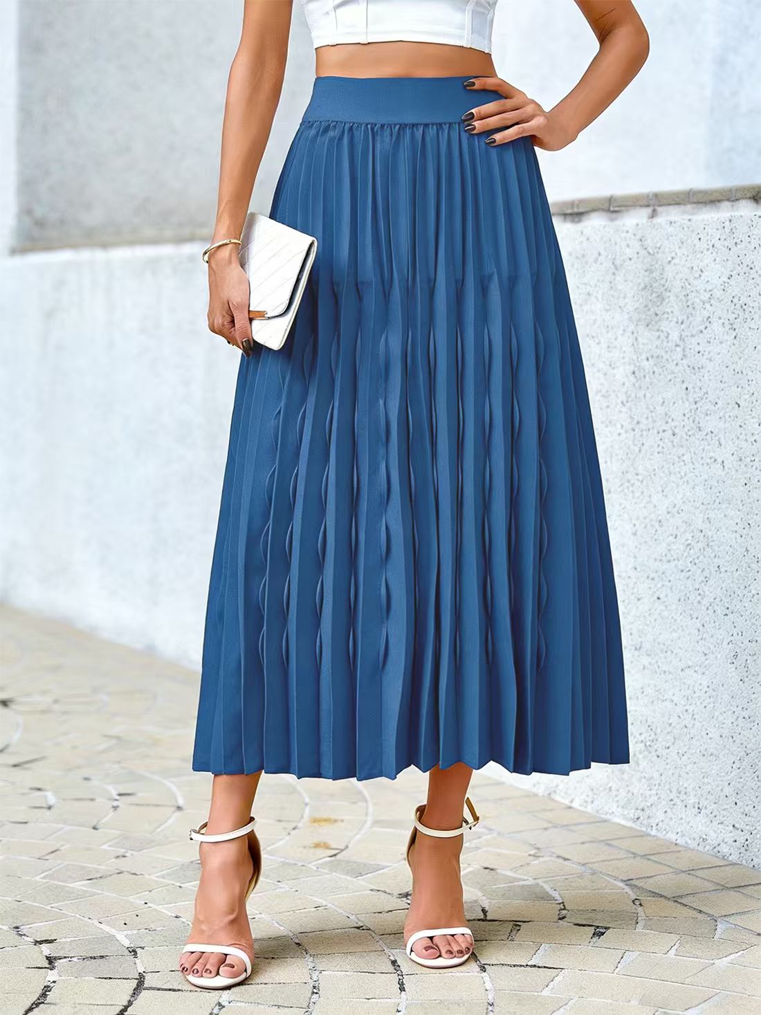 Jupe plissée bleue pour femmes, jupe mi-longue décontractée pour les vacances, pour dames