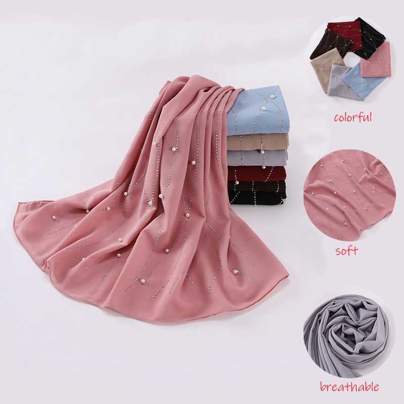 Châle en mousseline de soie avec perles et strass, écharpe de haute qualité, perles scintillantes, bandeau enveloppant, Hijab musulman