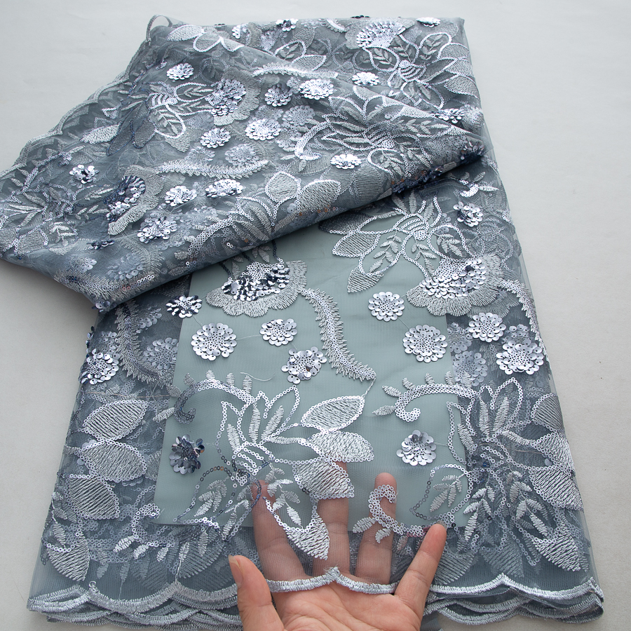 Tissu en dentelle de tulle bleu à sequins, broderie de luxe française pour robe de mariée, tissu en dentelle africaine 2026, matériau en filet de haute qualité A3812