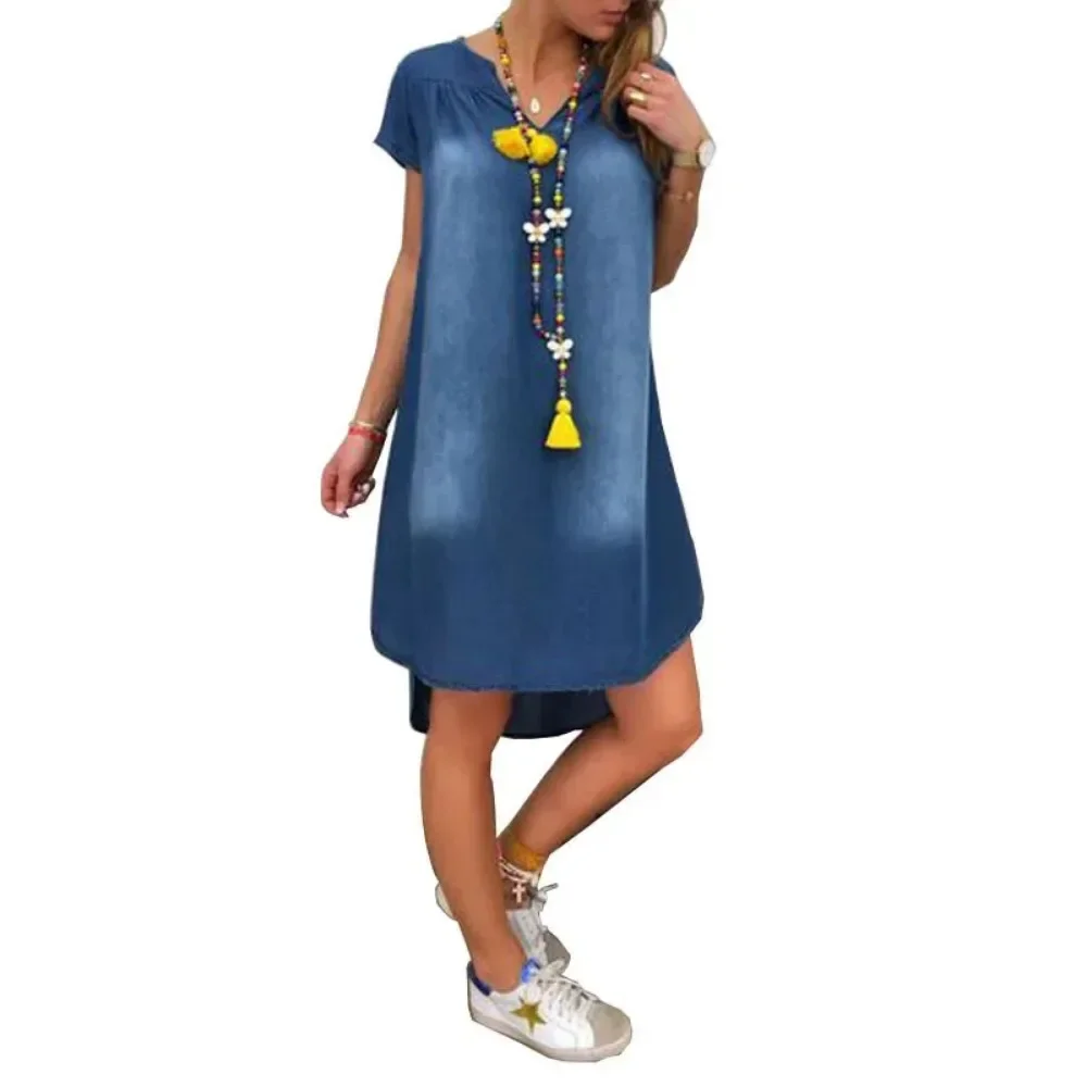 Robe en denim ample à manches courtes pour femmes, robe longue décontractée, mode vintage, grande taille, 1XL-5XL
