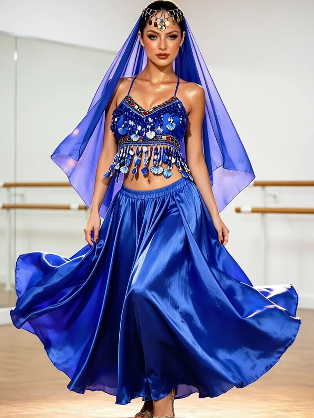 Ensemble de costumes de danse orientale pour femmes : haut court à franges perlées, jupe longue évasée en satin, voile de tête en mousseline – Idéal pour scène, style arabe et Bollywood