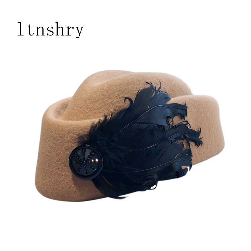 Chapeaux en laine de style royal pour femmes, arc de plumes, hôtesse de l'air élégante, casquettes Fedora blanches, dame formelle, style royal, breton, automne, hiver