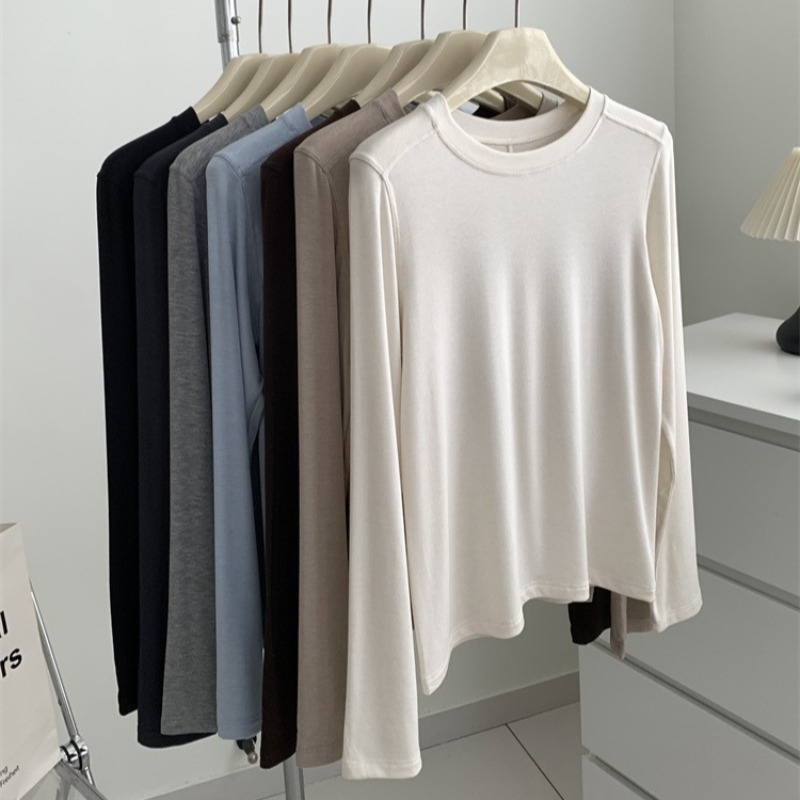 T-shirt à manches longues pour femmes, épissure de laine de soie, haut fin, doux, cireux, couleur unie, printemps été