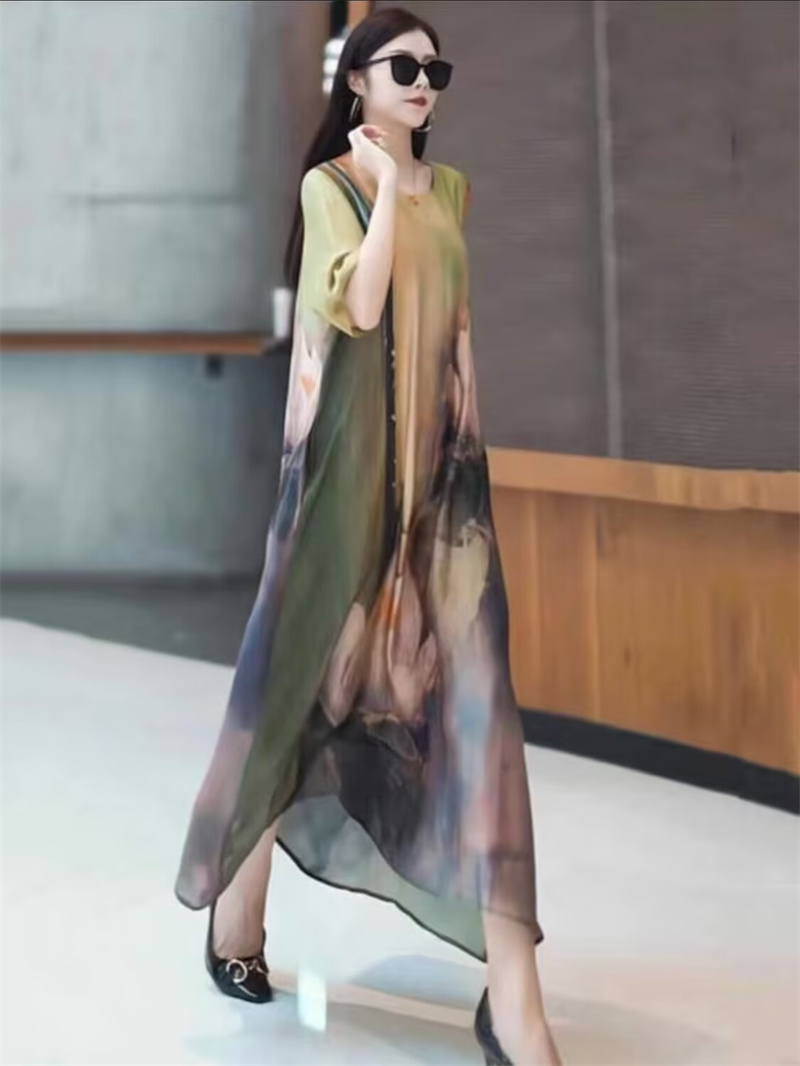Robe longue amincissante d'été haut de gamme, tendance, style rétro, jupe large avec imprimé floral, coupe ample et amincissante
