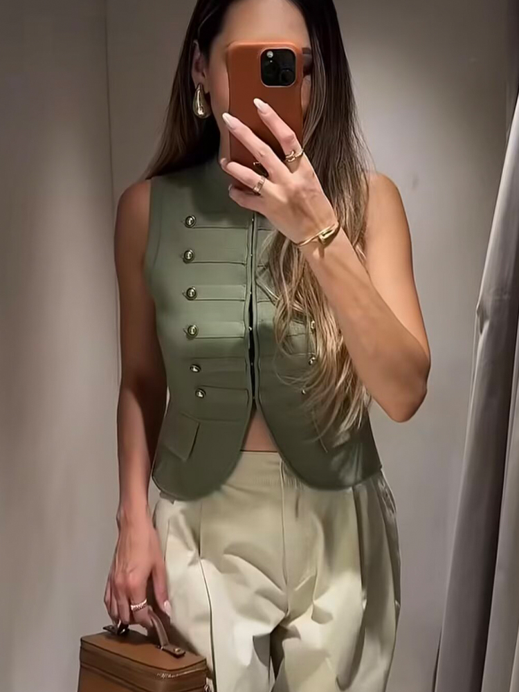 SLTNX Débardeurs en tricot pour femmes, collection été 2026, col rond, boutons, couleur unie, sans manches, élégant, style urbain