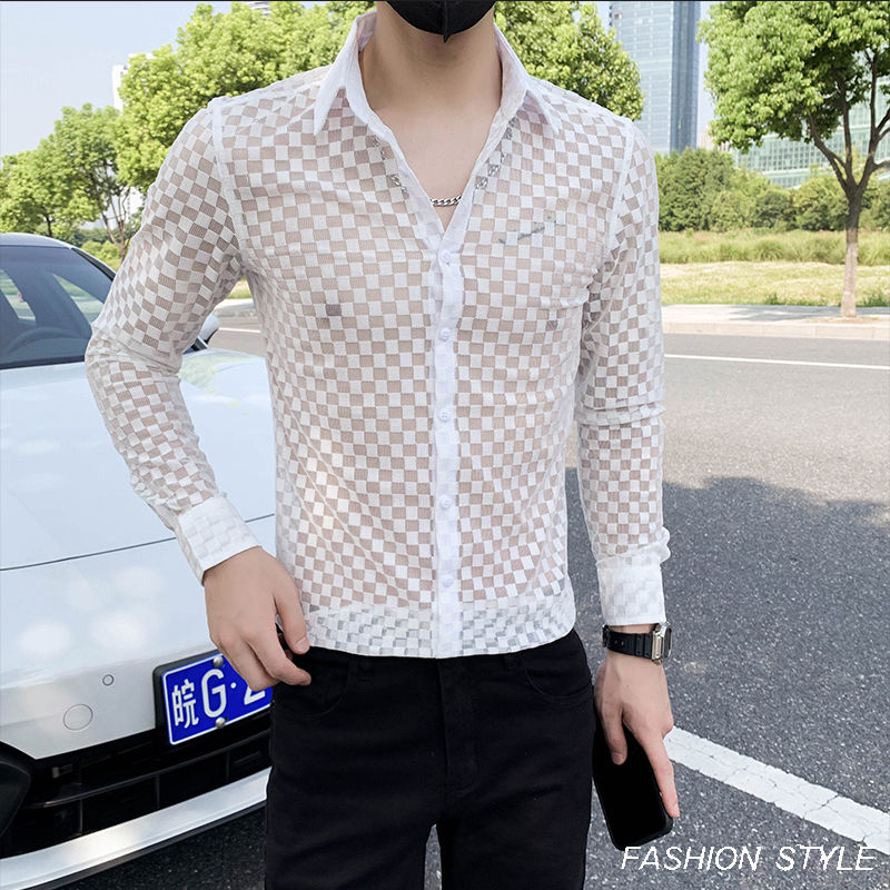 Printemps automne nouvelle mode Plaid un col pointu vêtements pour hommes chemises à manches longues bouton évider mince coréen Chaopai Blouse