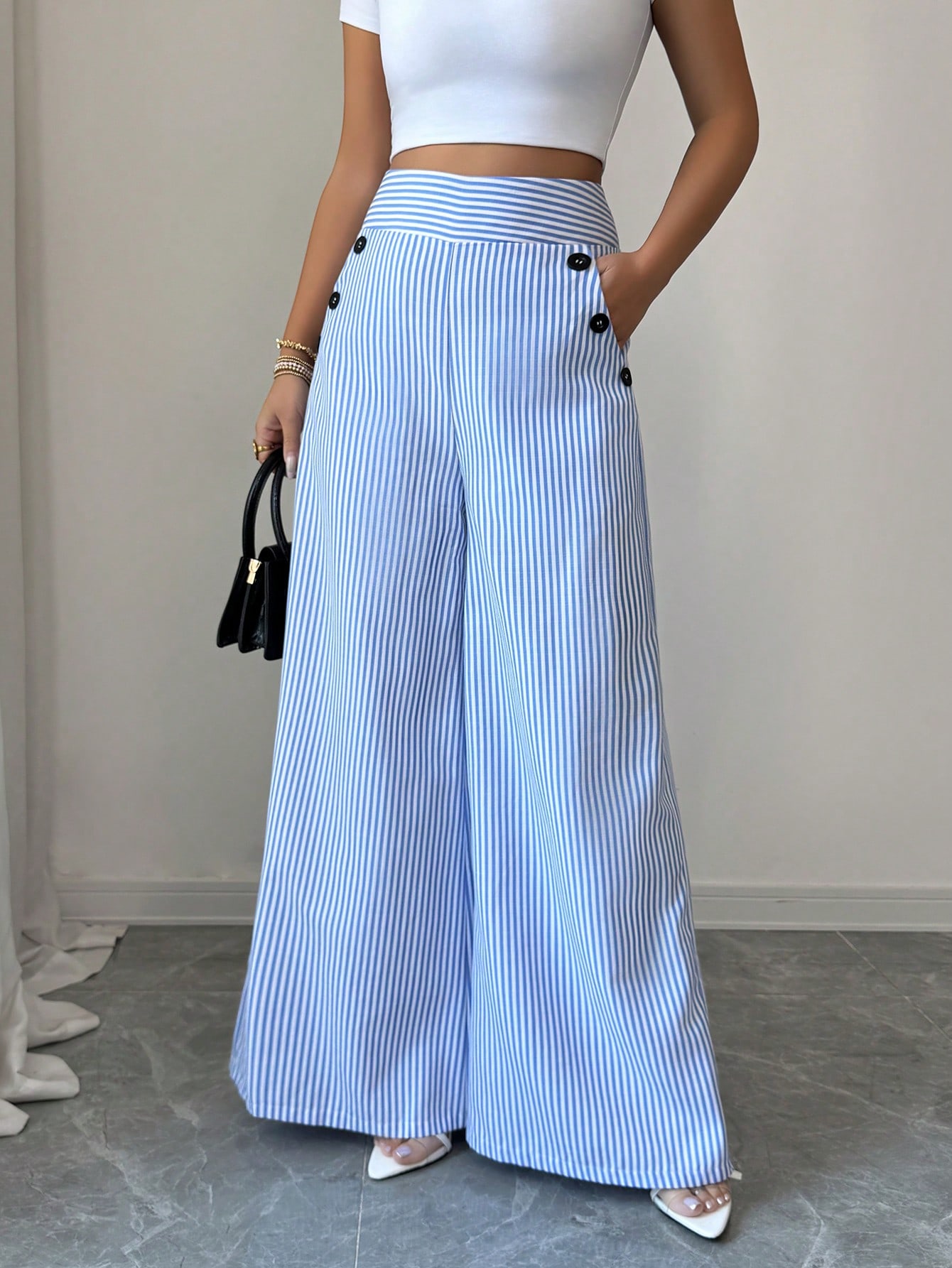 Pantalon large rayé élégant |   Pantalons confortables à taille haute pour le bureau et les occasions décontractées