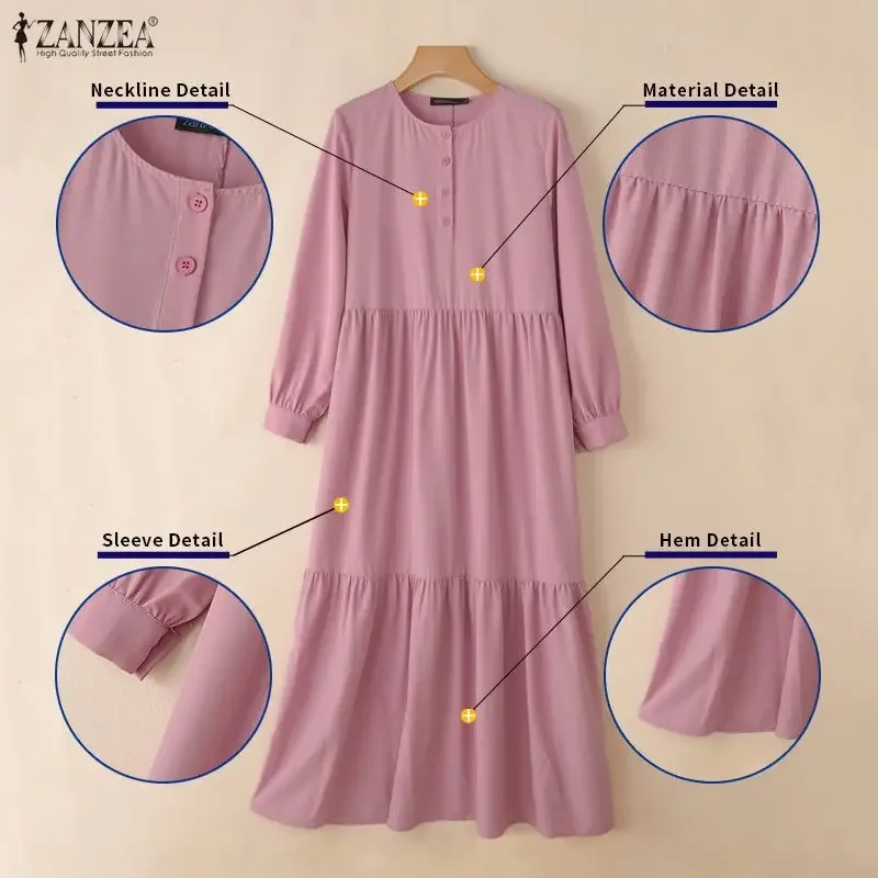 ZANZEA Élégante Abaya Musulmane Hijab Robe Longue Femme Manches Longues Robe de Ramadan Robe de Printemps Unie Ample Maxi Vestido Kaftan 2026