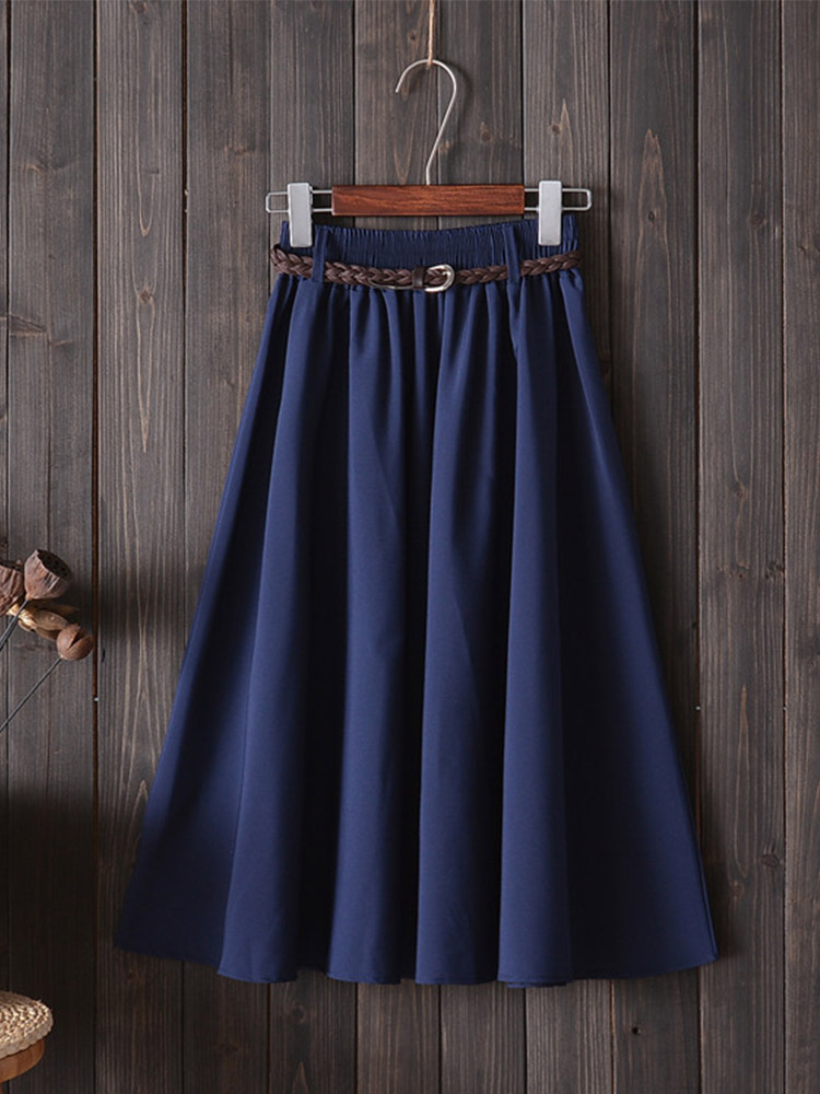 Midi genou longueur jupe d'été femmes avec ceinture mode coréenne dames taille haute plissée a-ligne jupe d'école femme