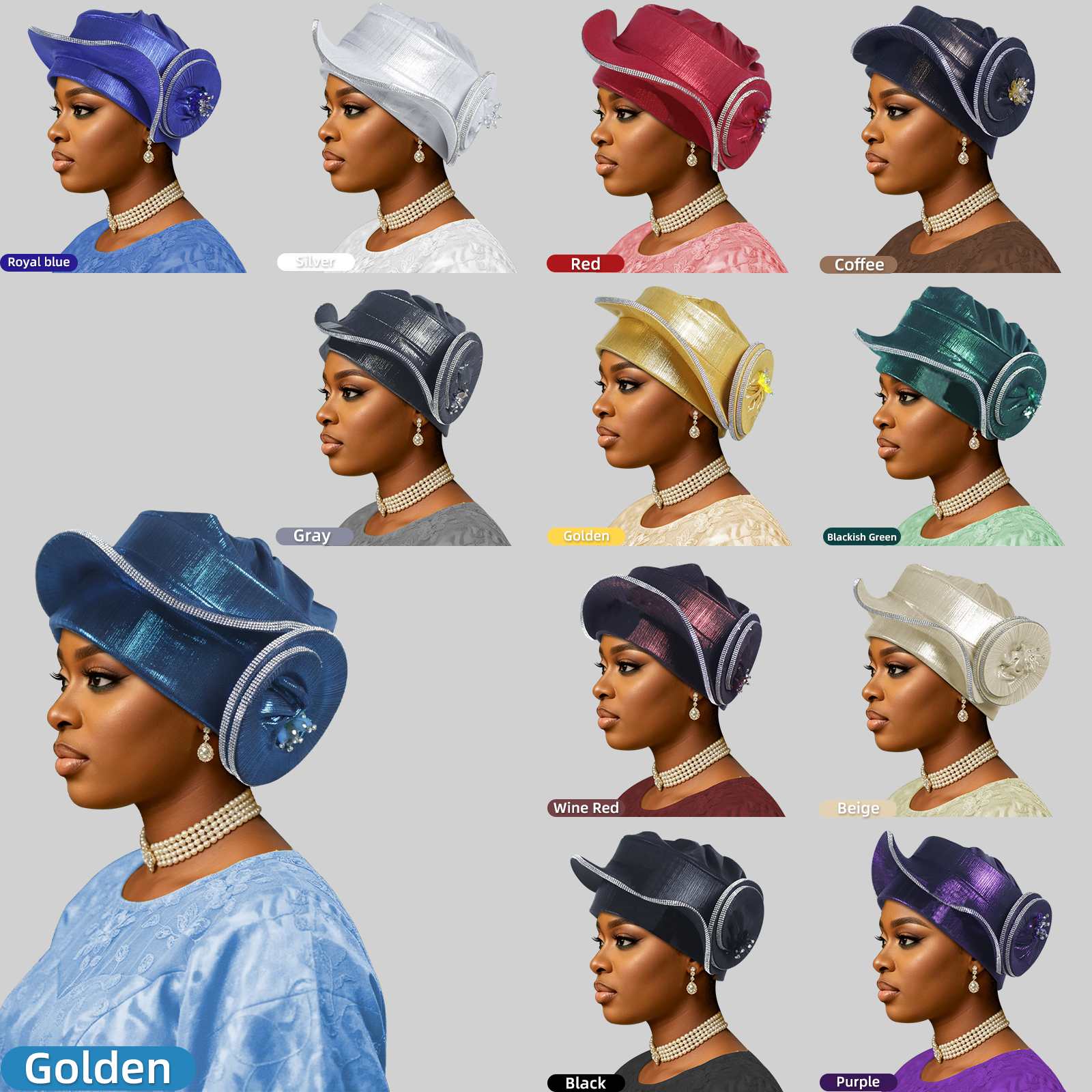 Turban Béret Spirale de Luxe en Strass pour Femme, Foulard Africain Auto-Gélé, Coiffe Nigériane pour Mariage et Fête