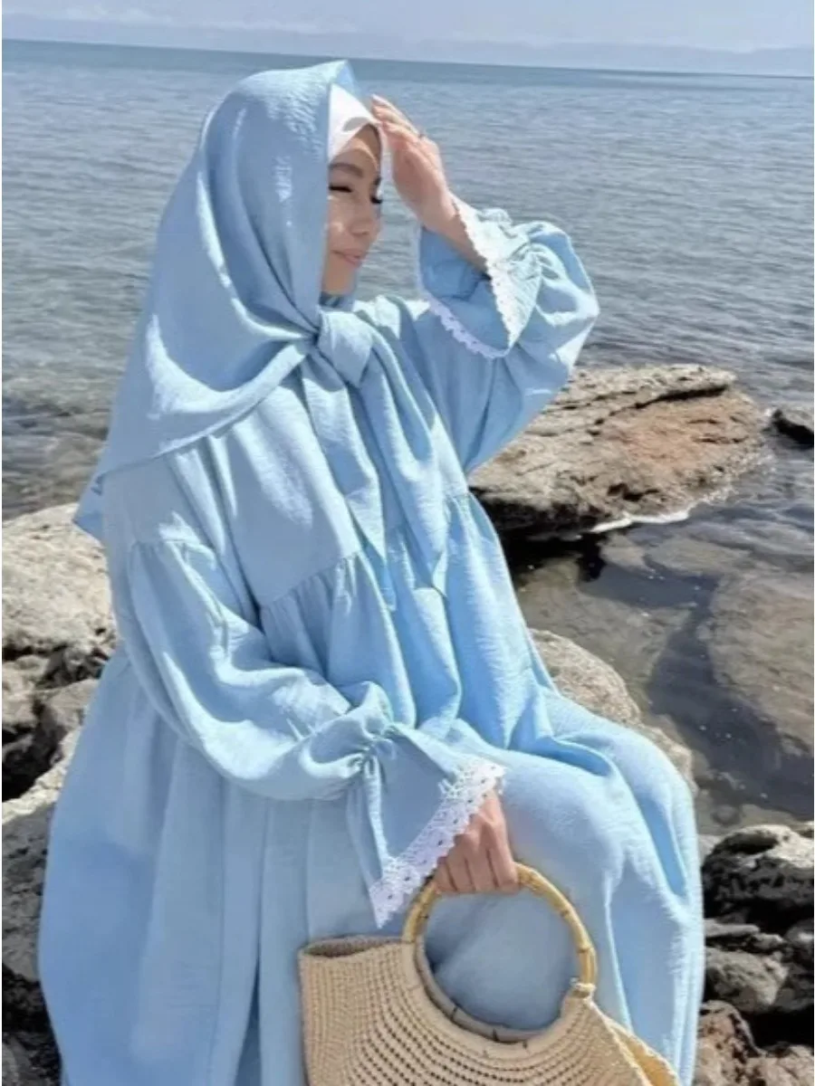 Femmes Robe de prière Abaya dentelle manches évasées Robe longue modeste dubaï Eid musulman Jalabiya Ramadan fête maroc caftan robes arabe