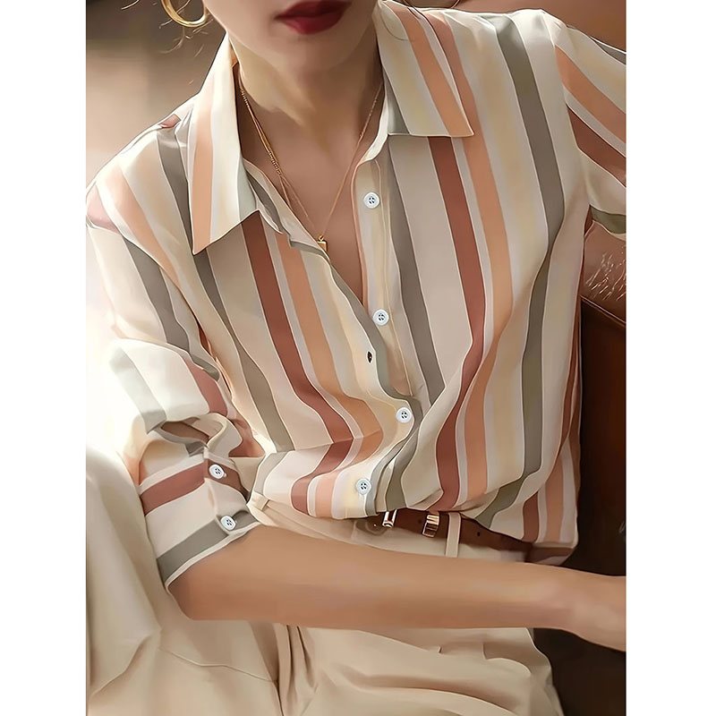 Chemise à col rabattu pour femme, élégante et Chic, tempérament Simple, chemises rayées de couleur contrastée, chemisiers en mousseline de soie à manches longues