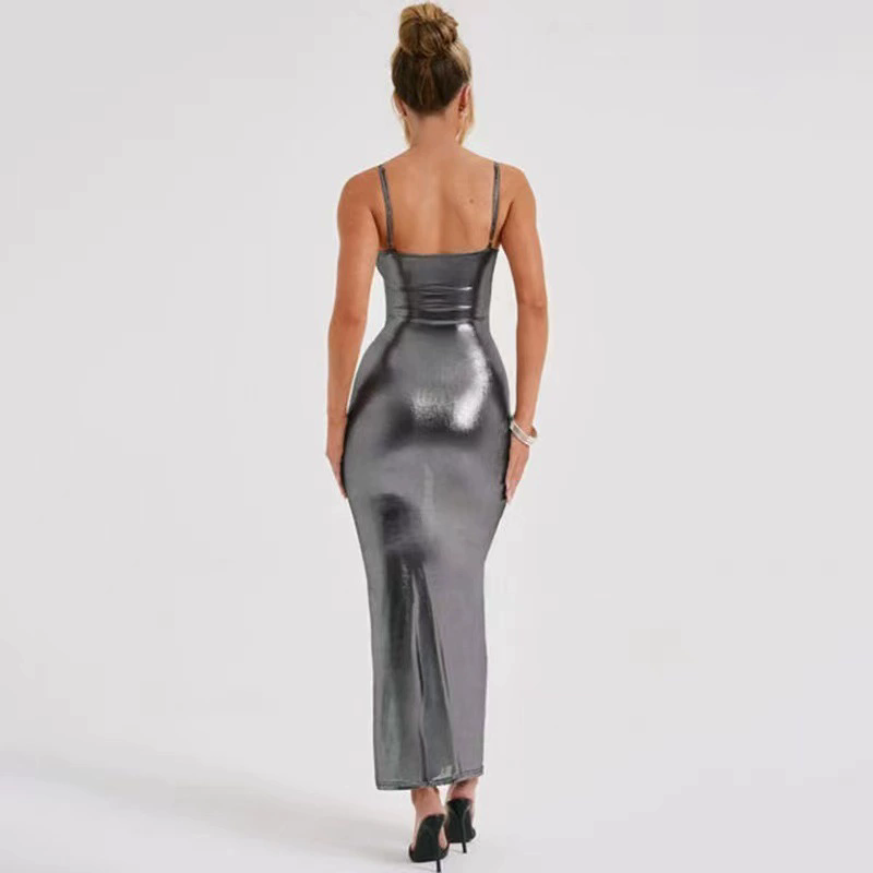 Robe longue en cuir verni brillant, Sexy, moulante, Maxi, sans manches, dos nu, élégante, tenue de soirée en boîte de nuit