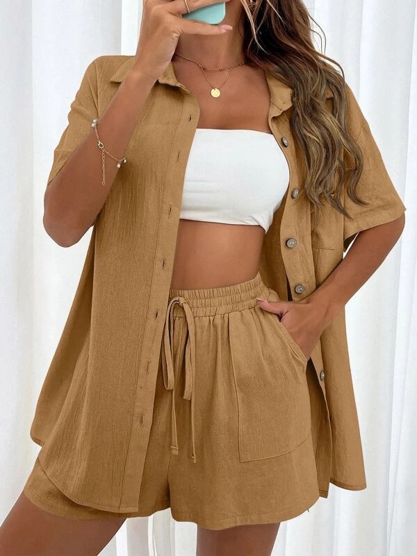 Mode femmes chemise + Short deux pièces ensemble couleur unie chemise costume 2025 nouveau décontracté ample à manches courtes simple boutonnage femmes ensemble