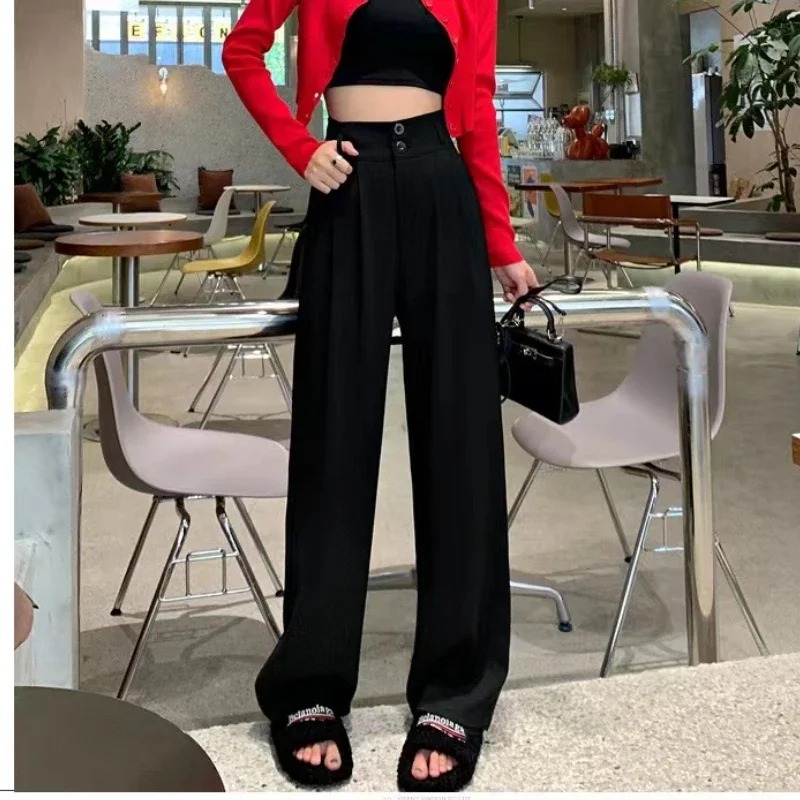 Pantalon à jambes larges pour femmes, élégant, Style coréen, taille haute, Baggy noir, bureau, mode dames, costume ample, Streetwear