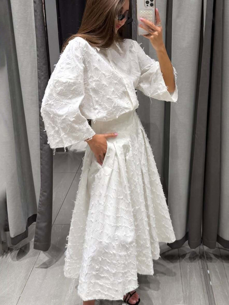 HH femmes chemise jupe costume revers simple boutonnage gland décoration chemise décontractée haut + mode taille haute fermeture éclair jupe plissée