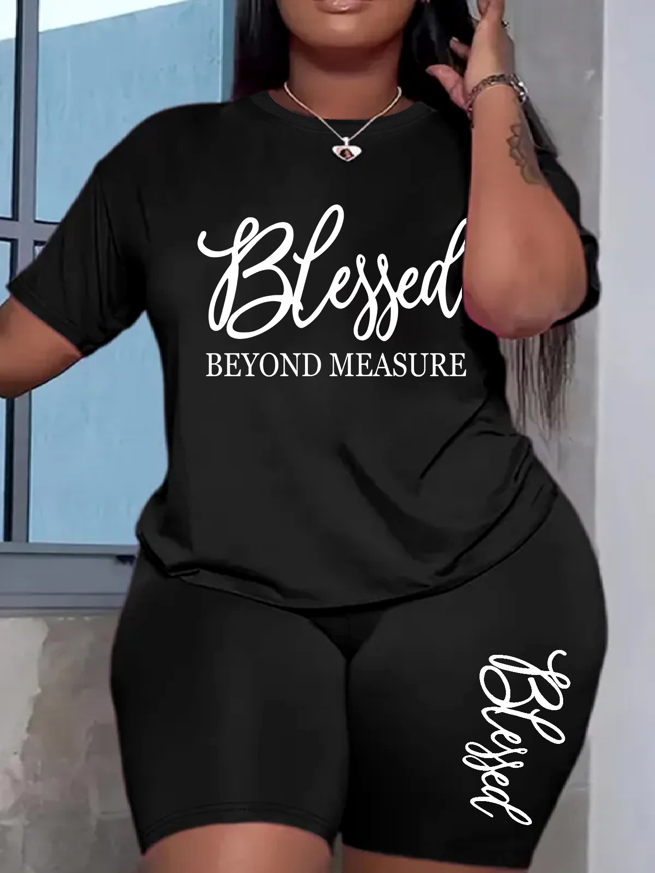 Ensembles Grande Taille pour Femmes – Nouveautés Été 2 Pièces Imprimées « Blessed » – Offres et Liquidations – Tout à Prix Abordable – Ensembles Courts Élégants pour Femmes