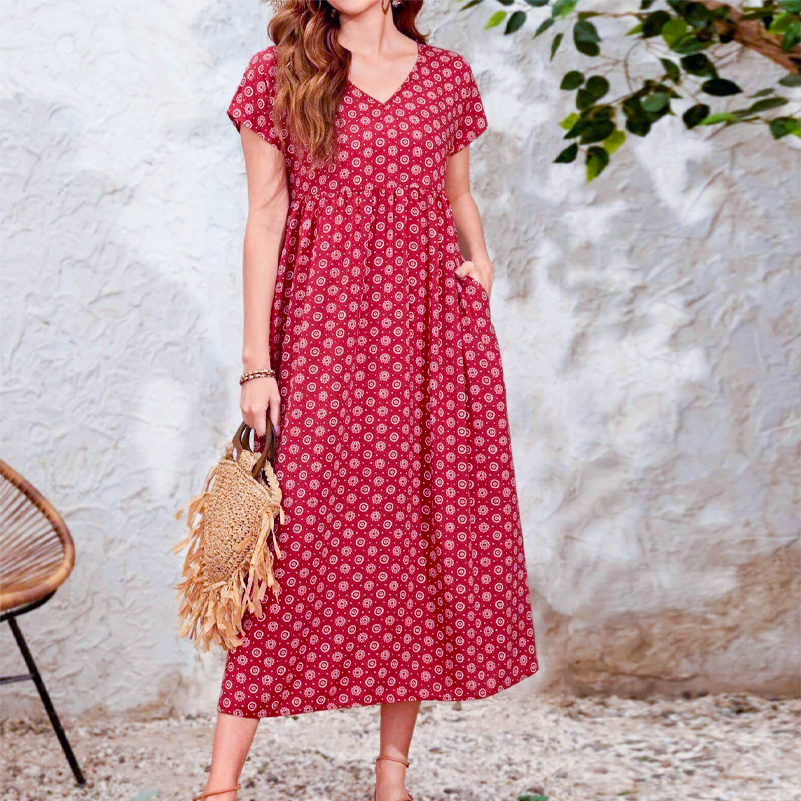 Robe grande taille pour femmes, robe imprimée de style ethnique bohème, col en v, manches chauve-souris, taille élastique, avec poches