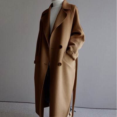 Manteau en laine pour femmes, nouvelle collection automne-printemps 2026, long, tendance, ample, longueur genou, cintré à la taille, en tweed, vêtements pour femmes.