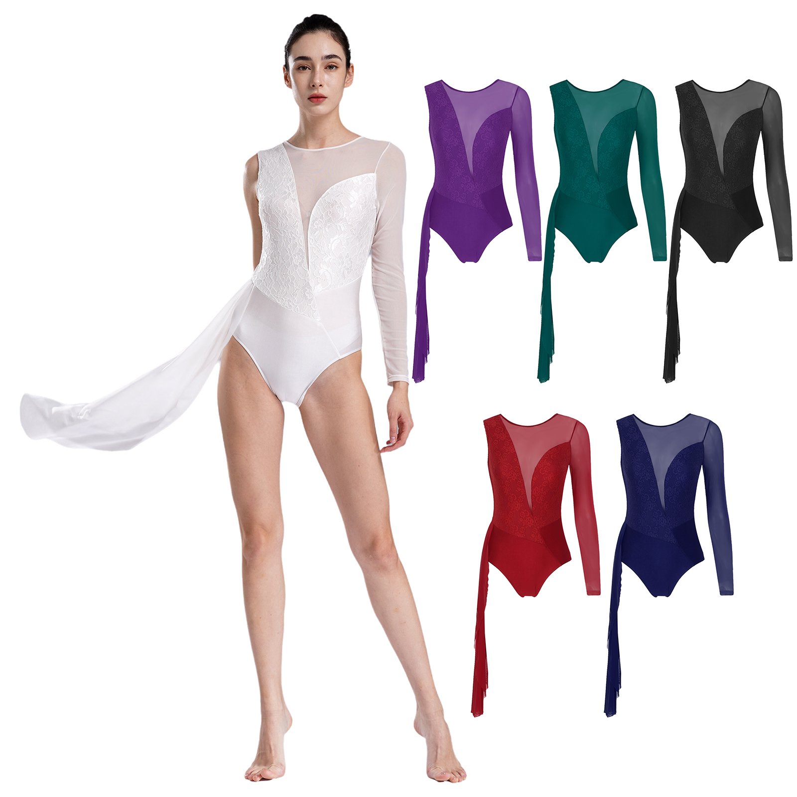 Justaucorps de danse lyrique pour femme, maille transparente, manches longues, dentelle florale, dos en V profond, costume de batterie pour la compétition de performance de patinage artistique