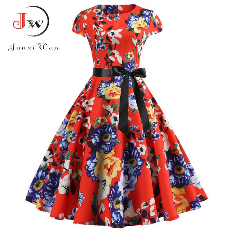 Femmes robe Vintage été imprimé fleuri robes à manches courtes 50s 60s bureau fête Rockabilly Swing rétro Pinup grande taille