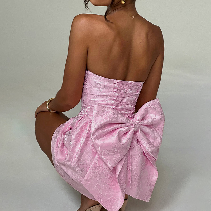 Robes à épaules nues femmes Sexy Jacquard robe trapèze dos à lacets avec grand nœud papillon été mode fête Clubwear robe courte