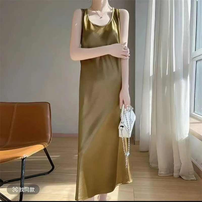 Robe maxi décontractée pour femmes, grande taille 5XL, robe longue en satin d'acétate haut de gamme, col rond, sans manches, vestidos pour femmes