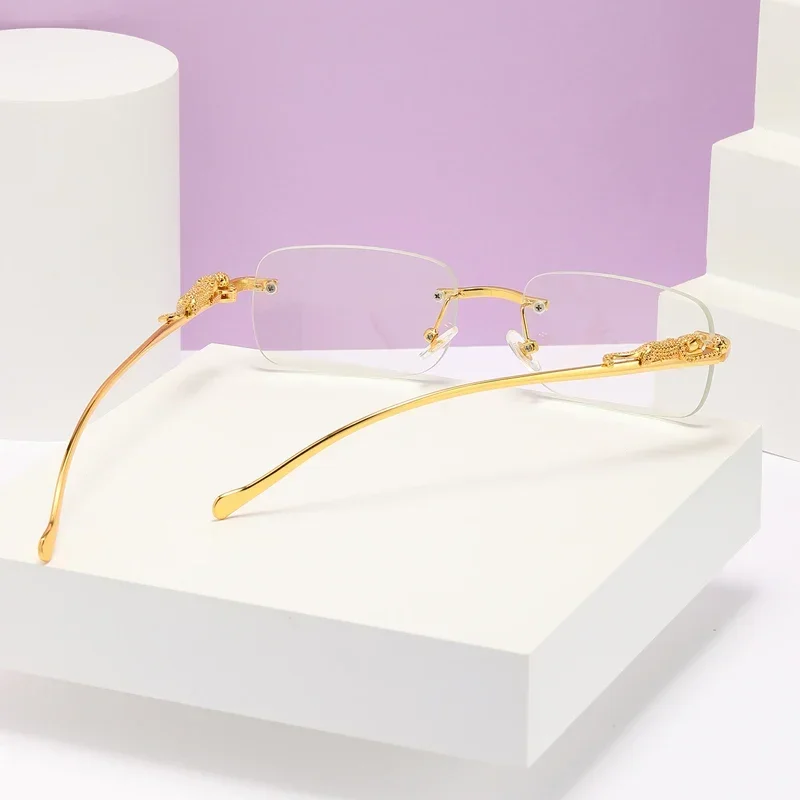 Lunettes de soleil rectangulaires avec charnière en métal, sans cadre pour hommes et femmes, verres transparents de forme rétro, garniture guépard, élégantes, UV400