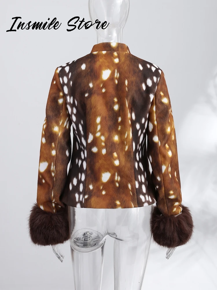 Vestes de printemps 2026 pour femmes, imprimé léopard, épaulettes, manches longues, patchwork en fausse fourrure, manteaux ajustés, vêtements décontractés rétro pour femmes