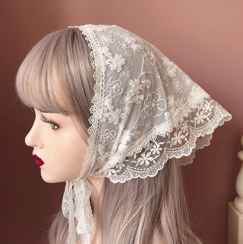 Foulard de tête Lolita Vintage, Triangle en dentelle brodée, couvre-chef pour femmes, coiffure
