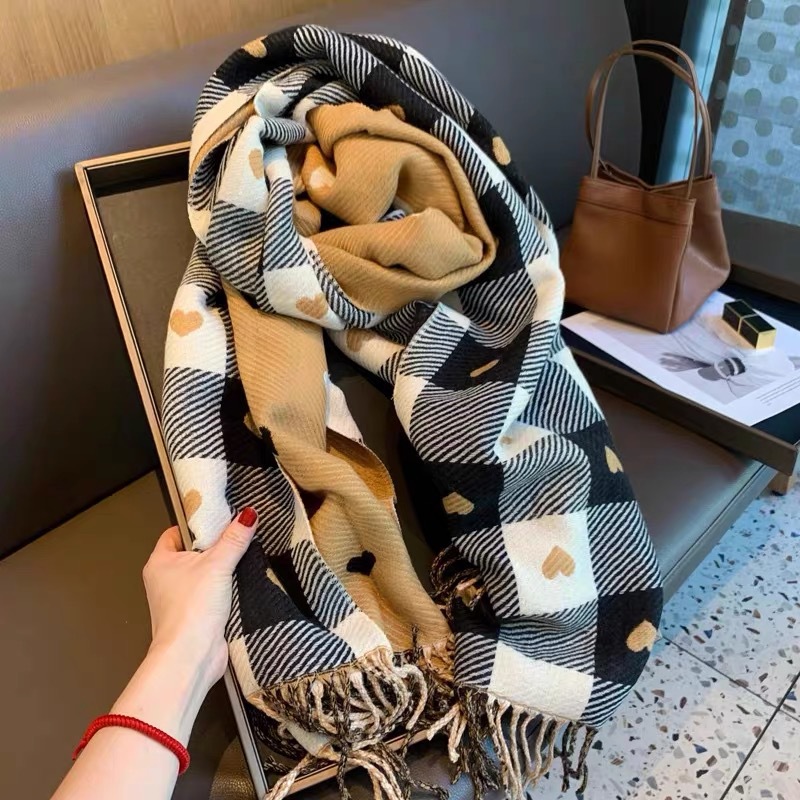 1 écharpe à motifs de cœur pour femmes, écharpe confortable à carreaux pour femmes, écharpe châle épaisse et grande couverture, automne et hiver