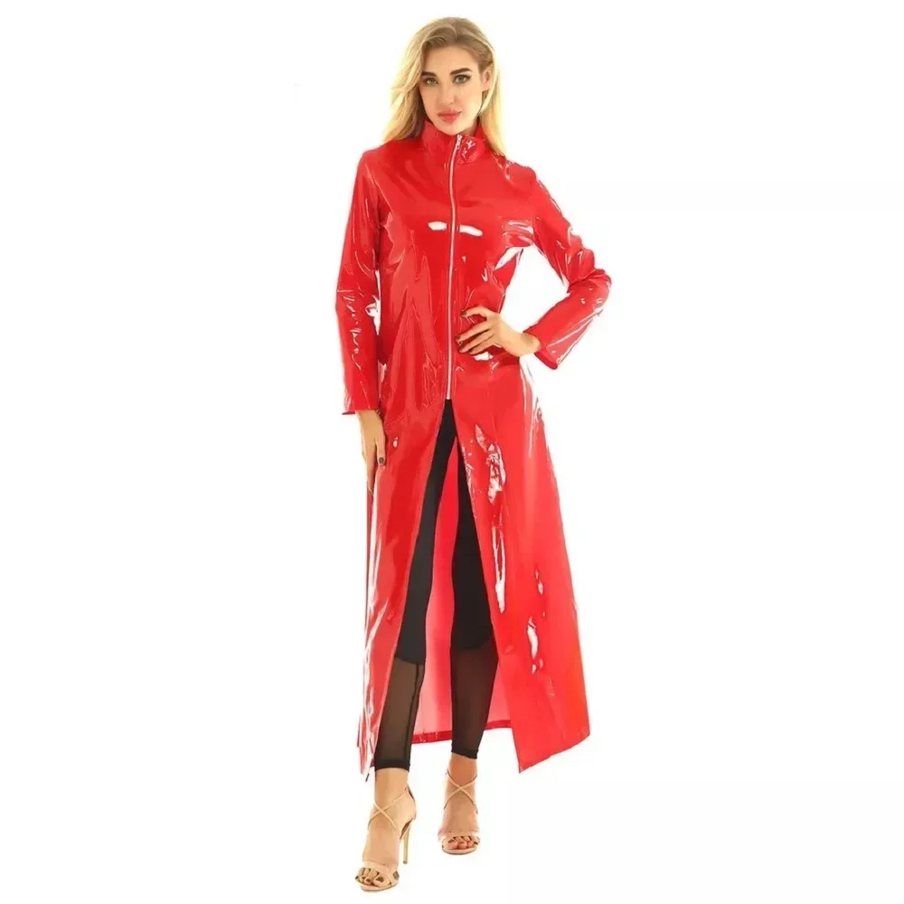 Robe longue en cuir brillant miroir PU pour femmes, coupe-vent, longue robe en cuir